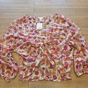 Lauren Conrad Floral Tie Blouse Sheer Size S